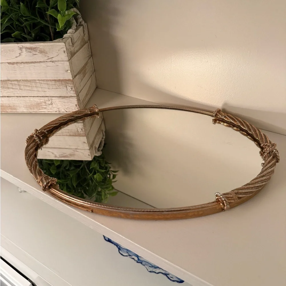 Vintage Stylebuilt Oval Mirrored Vanity Tray Organizer Rope Bow Gold Tone